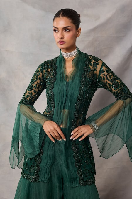 Shop_Awigna_Green Net, Organza Sequins, Embroidery Mandarin Bianca Kurta With Sharara _Online_at_Aza_Fashions