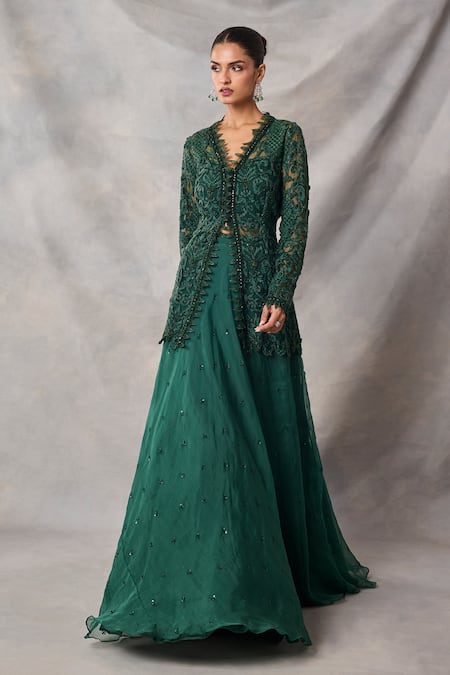 Awigna_Green Organza, Net Embroidery, Beads, Sequins Carmine Peplum Top Skirt Set _Online_at_Aza_Fashions