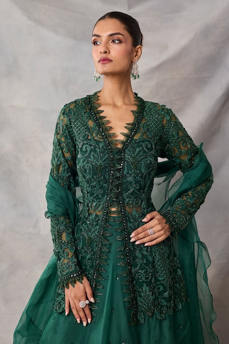 Shop_Awigna_Green Organza, Net Embroidery, Beads, Sequins Carmine Peplum Top Skirt Set _Online_at_Aza_Fashions
