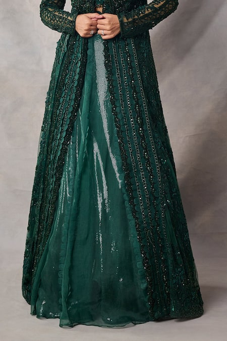 Awigna_Green Organza, Net Embroidery, Sequins Open Neck, Zircon Long Jacket Skirt Set _Online_at_Aza_Fashions