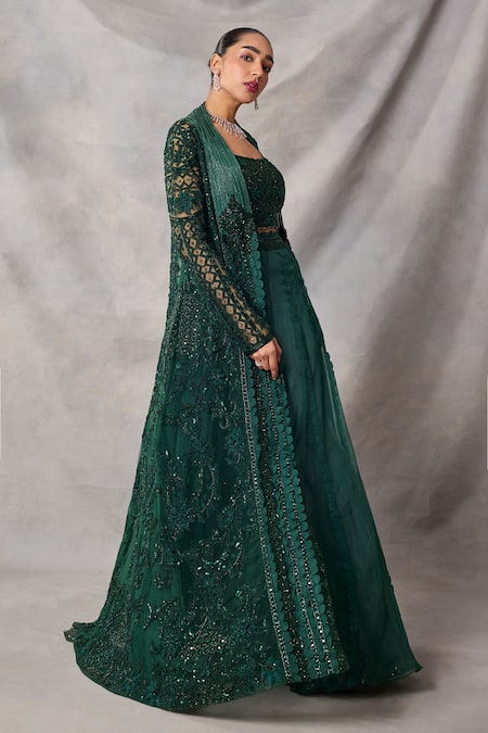 Buy_Awigna_Green Organza, Net Embroidery, Sequins Open Neck, Zircon Long Jacket Skirt Set _Online_at_Aza_Fashions
