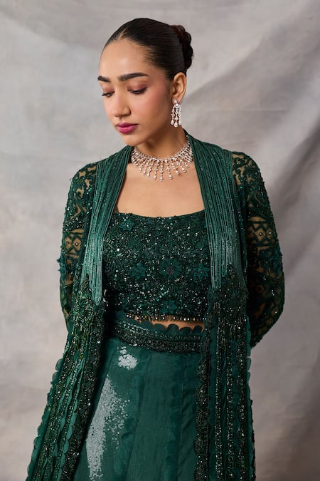 Shop_Awigna_Green Organza, Net Embroidery, Sequins Open Neck, Zircon Long Jacket Skirt Set _Online_at_Aza_Fashions