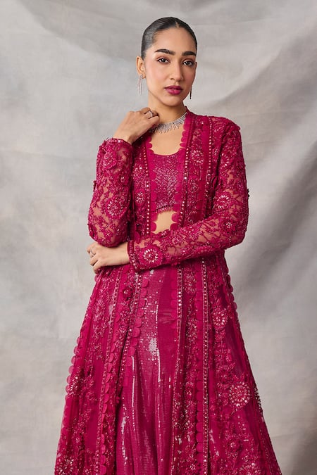 Awigna_Red Organza, Net Sequins, Embroidery Open Neck, Rhodonite Jacket Skirt Set _Online_at_Aza_Fashions
