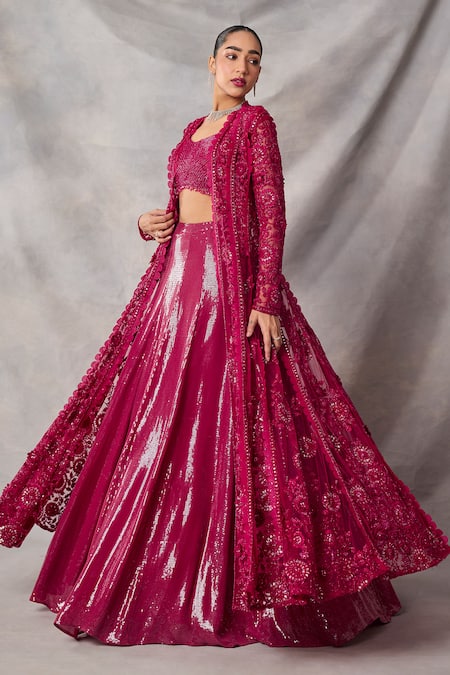 Buy_Awigna_Red Organza, Net Sequins, Embroidery Open Neck, Rhodonite Jacket Skirt Set _Online_at_Aza_Fashions