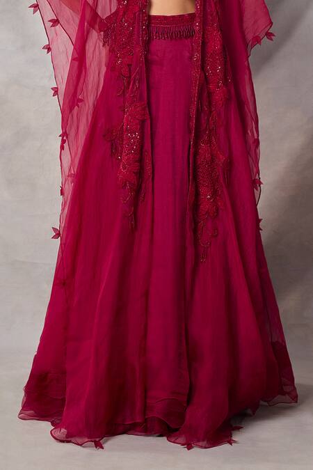 Awigna_Red Organza, Net Embroidery, Sequins Open Gypsum Floral Jacket Lehenga Set _Online_at_Aza_Fashions