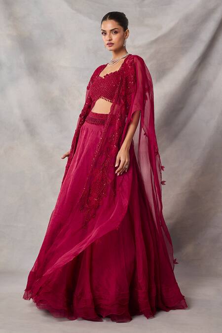 Shop_Awigna_Red Organza, Net Embroidery, Sequins Open Gypsum Floral Jacket Lehenga Set _Online_at_Aza_Fashions