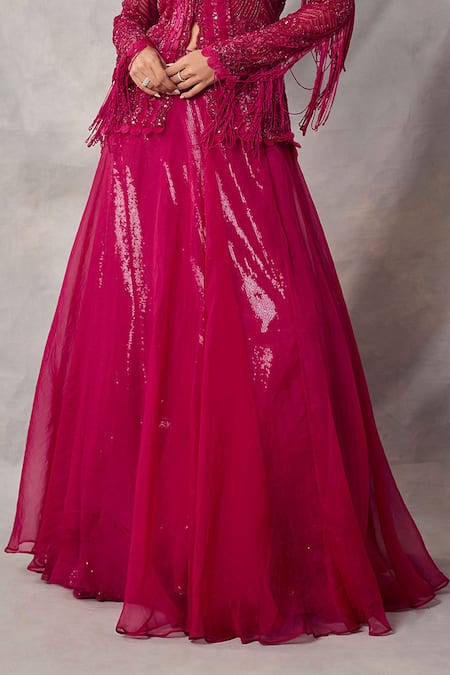 Awigna_Red Organza, Net Embroidery, Sequins, Ruffles Tourmaline Jacket Skirt Set _Online_at_Aza_Fashions