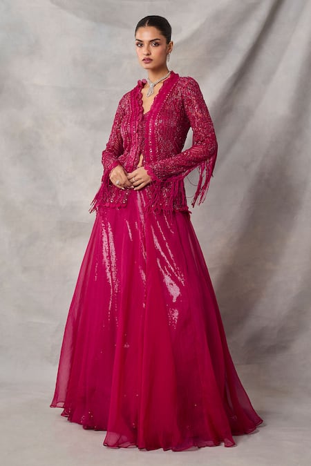 Buy_Awigna_Red Organza, Net Embroidery, Sequins, Ruffles Tourmaline Jacket Skirt Set _Online_at_Aza_Fashions