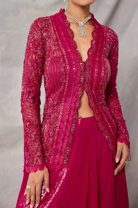 Shop_Awigna_Red Organza, Net Embroidery, Sequins, Ruffles Tourmaline Jacket Skirt Set _Online_at_Aza_Fashions