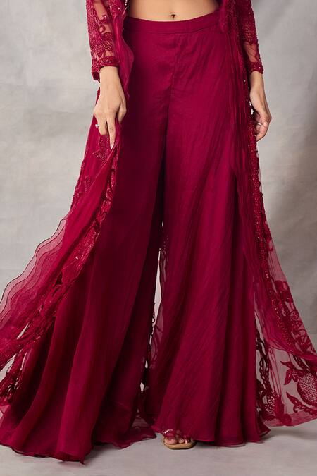 Awigna_Red Organza, Net Embroidery, Sequins Open Neck, Celestite Jacket Sharara Set _Online_at_Aza_Fashions