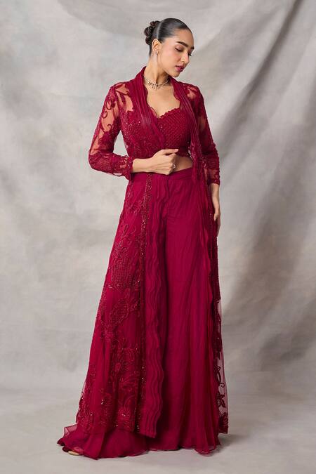 Buy_Awigna_Red Organza, Net Embroidery, Sequins Open Neck, Celestite Jacket Sharara Set _Online_at_Aza_Fashions