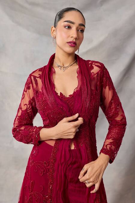 Shop_Awigna_Red Organza, Net Embroidery, Sequins Open Neck, Celestite Jacket Sharara Set _Online_at_Aza_Fashions