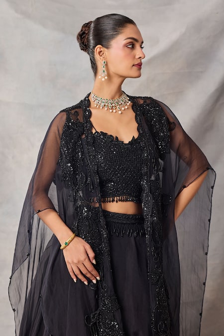 Awigna_Black Net, Organza Sequins, Beads, Embroidery Open Gypsum Jacket Skirt Set _Online_at_Aza_Fashions