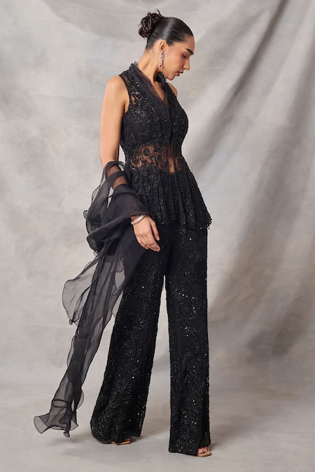 Buy_Awigna_Black Organza, Net Sequins, Beads, Embroidery Emerald Peplum Top Pant Set _Online_at_Aza_Fashions