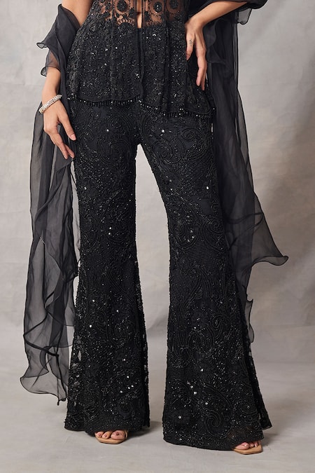 Shop_Awigna_Black Organza, Net Sequins, Beads, Embroidery Emerald Peplum Top Pant Set _Online_at_Aza_Fashions