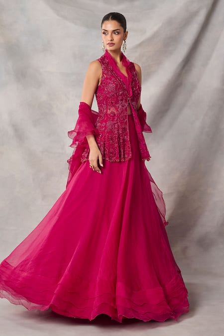 Awigna_Red Net, Organza Sequins, Beads, Embroidery High Ebonee Peplum Top Skirt Set _Online_at_Aza_Fashions