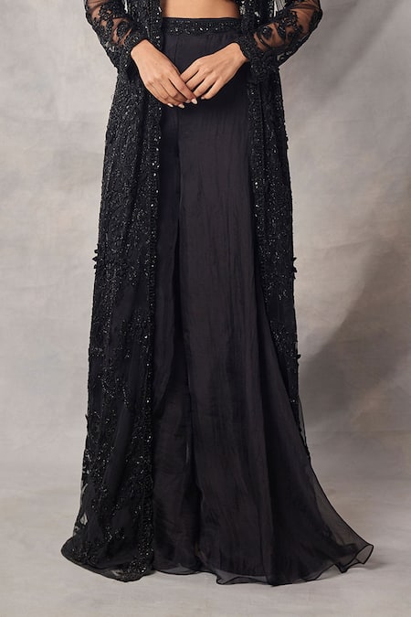 Awigna_Black Organza, Net Embroidery, Sequins Open Neck, Celestite Jacket Sharara Set _Online_at_Aza_Fashions