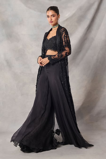 Buy_Awigna_Black Organza, Net Embroidery, Sequins Open Neck, Celestite Jacket Sharara Set _Online_at_Aza_Fashions