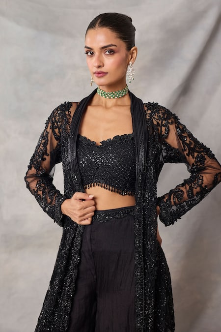 Shop_Awigna_Black Organza, Net Embroidery, Sequins Open Neck, Celestite Jacket Sharara Set _Online_at_Aza_Fashions