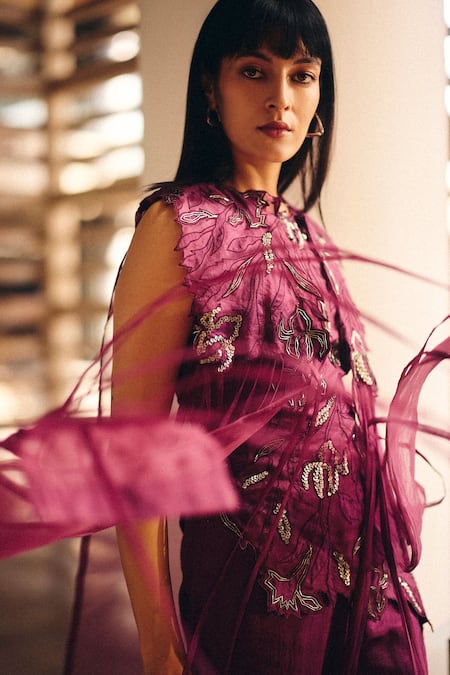 Studio Radical_Burgundy Silk, Organza Embroidery, Sequins Round Foliage Cape And Bootcut Pant Set _Online_at_Aza_Fashions