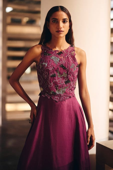 Studio Radical_Burgundy Silk Embroidery, Sequins Round Neck Terra Dash Cut-out Dress _Online_at_Aza_Fashions