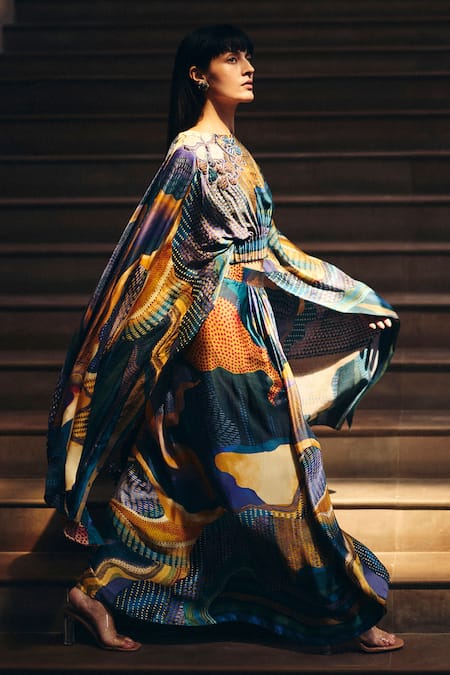 Buy_Studio Radical_Blue Silk Satin Embroidery, Sequins, Beads Dreamwave Top And Pleated Skirt Set _Online_at_Aza_Fashions