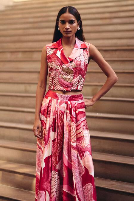 Studio Radical_Pink Silk Satin Beads Collared, V-neck Dreamwave Crop Jacket And Pleated Skirt Set _Online_at_Aza_Fashions