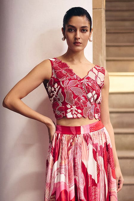 Studio Radical_Red , Satin Embroidery V-neck Magnolia Top With Skirt _Online_at_Aza_Fashions