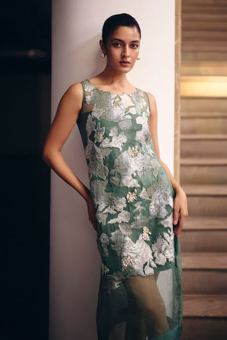 Studio Radical_Green Organza Embroidery, Sequins Round Neck Terra Dash Dress _Online_at_Aza_Fashions