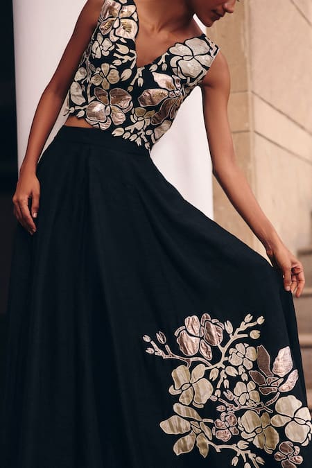 Studio Radical_Black Silk Embroidery, Metallic Thread, Sequins Florette Crop Top With Skirt _Online_at_Aza_Fashions