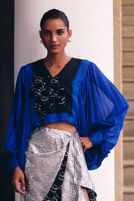 Studio Radical_Blue Organza, Georgette, Cotton Color Block Cape Shirt And Draped Skirt Set _Online_at_Aza_Fashions