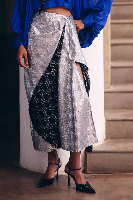 Buy_Studio Radical_Blue Organza, Georgette, Cotton Color Block Cape Shirt And Draped Skirt Set _Online_at_Aza_Fashions