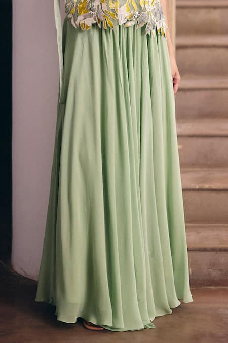 Studio Radical_Green Georgette Embroidery Round Neck Foliage Tie-up Cape And Skirt Set _Online_at_Aza_Fashions