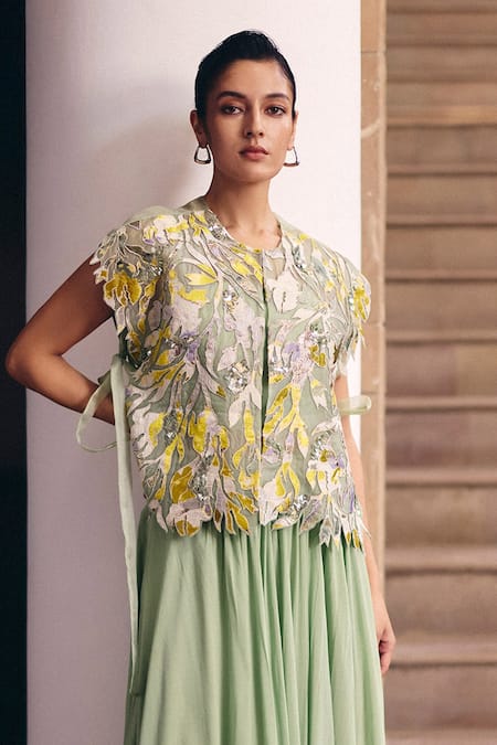 Buy_Studio Radical_Green Georgette Embroidery Round Neck Foliage Tie-up Cape And Skirt Set _Online_at_Aza_Fashions