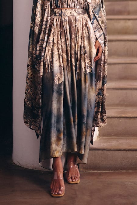 Studio Radical_Grey Silk Satin Embroidery Round Neck Embellished Top And Pleated Skirt Set _Online_at_Aza_Fashions