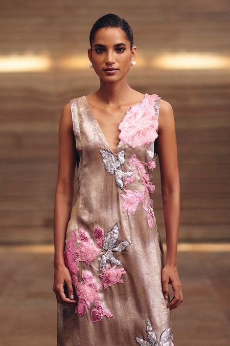 Studio Radical_Silk Applique, Embroidery V-neck Shimmer Jacquard Dress _Online_at_Aza_Fashions