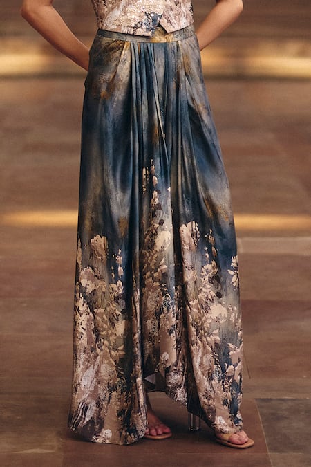 Studio Radical_Grey Silk Satin Embroidery V-neck, Embellished Pleated Hem Top With Skirt _Online_at_Aza_Fashions