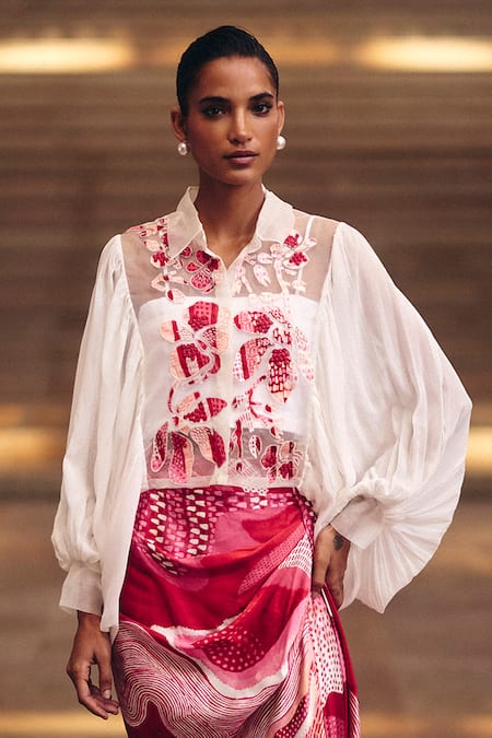 Studio Radical_Pink Organza, Georgette, Cotton, Silk Dreamwave Crop Shirt And Slit Skirt Set _Online_at_Aza_Fashions