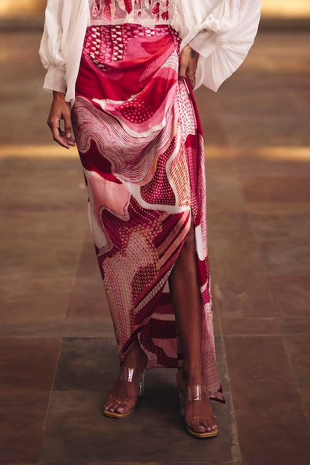 Buy_Studio Radical_Pink Organza, Georgette, Cotton, Silk Dreamwave Crop Shirt And Slit Skirt Set _Online_at_Aza_Fashions