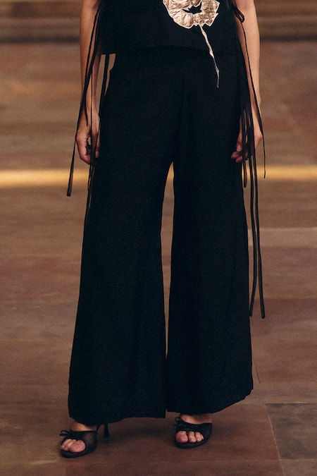 Studio Radical_Black Cotton, Silk V-neck Floral Applique Bib And Boot Cut Pant Set _Online_at_Aza_Fashions