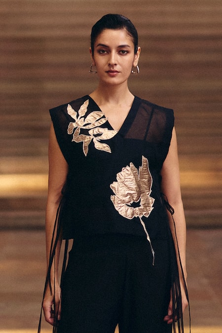 Buy_Studio Radical_Black Cotton, Silk V-neck Floral Applique Bib And Boot Cut Pant Set _Online_at_Aza_Fashions