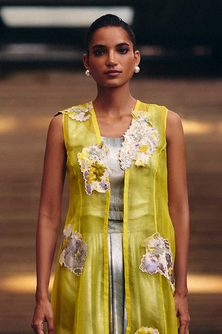 Studio Radical_Yellow Organza, Silk Applique Round Neck Floral Jacket And Shimmer Skirt Set _Online_at_Aza_Fashions