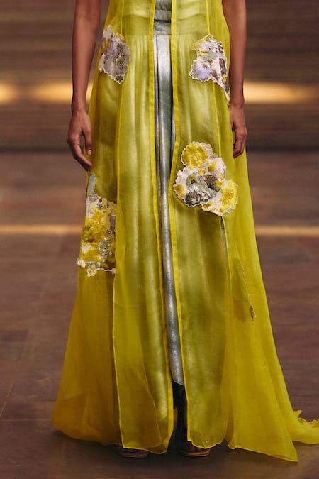 Buy_Studio Radical_Yellow Organza, Silk Applique Round Neck Floral Jacket And Shimmer Skirt Set _Online_at_Aza_Fashions