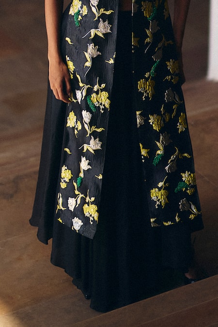 Studio Radical_Black Jacquard, Silk Beads Round Neck Jacket And Flared Pant Set _Online_at_Aza_Fashions