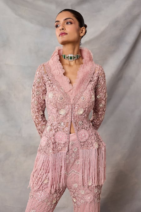 Buy_Awigna_Pink Net Embroidery, Sequins, Beads, Fringe Ukraine Peplum Top And Pant Set _Online_at_Aza_Fashions