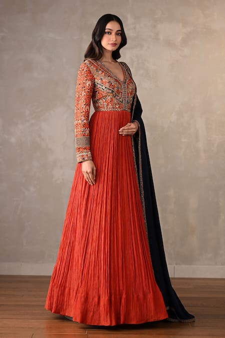 Shop_Onaya_Orange Organza, Tissue Applique, Sequins, Beads, Crushed Anarkali And Dupatta Set _Online_at_Aza_Fashions