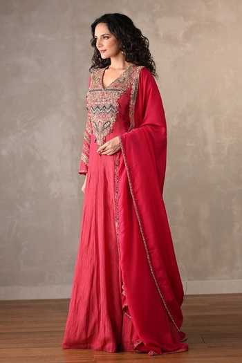 Onaya_Pink Organza, Tissue Applique, Sequins, Embroidery V-neck Anarkali And Dupatta Set _Online_at_Aza_Fashions