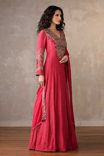 Buy_Onaya_Pink Organza, Tissue Applique, Sequins, Embroidery V-neck Anarkali And Dupatta Set _Online_at_Aza_Fashions