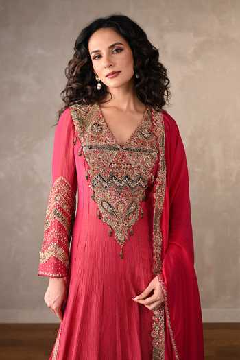Shop_Onaya_Pink Organza, Tissue Applique, Sequins, Embroidery V-neck Anarkali And Dupatta Set _Online_at_Aza_Fashions