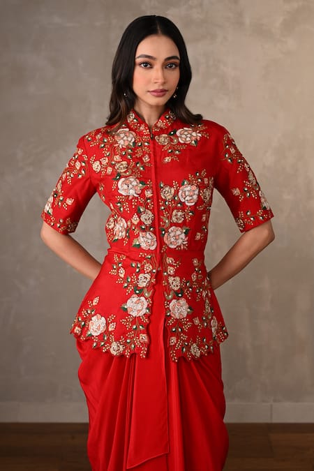 Shop_Onaya_Red Silk, Crepe Embroidery, Pearls, Floral Thread Peplum Top And Skirt Set _Online_at_Aza_Fashions